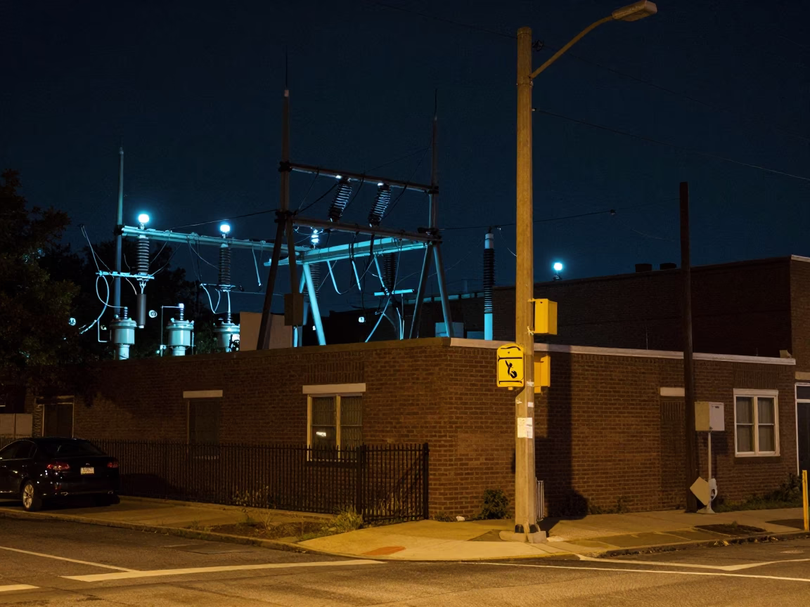 Late Night Street Scene in Philadelphia Pennsylvania with Substation Infrastructure in in Philadelphia, Pennsylvania, United States
