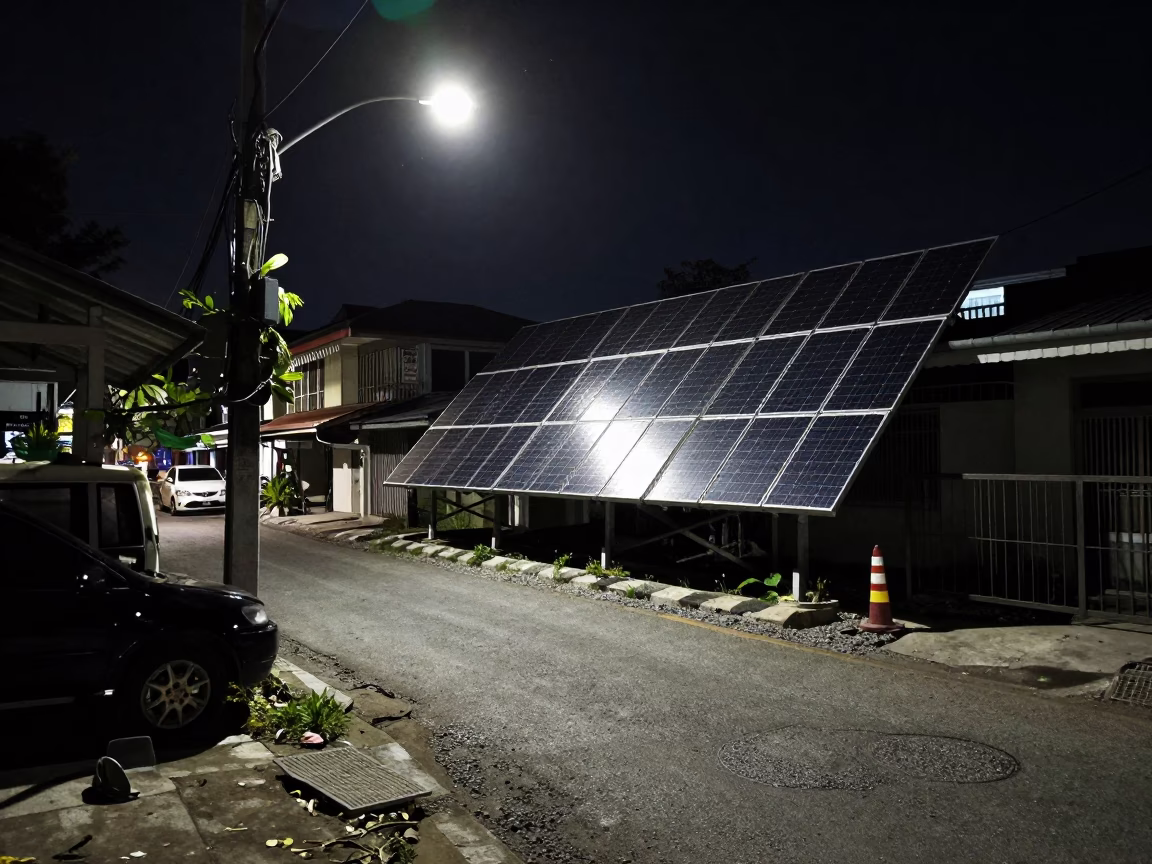 Late Night Street Scene in Phuket Thailand with Solar Array and Rust Details in in Phuket, Thailand