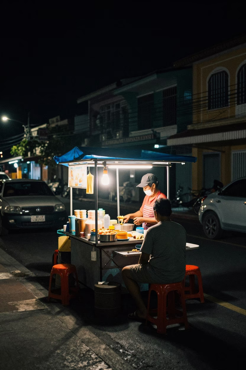 Late Night Street Scene in Phuket Thailand with Vintage 1960s Aesthetic and Local Life in in Phuket, Thailand