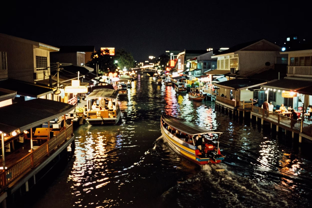 Late Night Street Scene in Phuket Thailand with Water Taxi and Canal Houseboats in in Phuket, Thailand