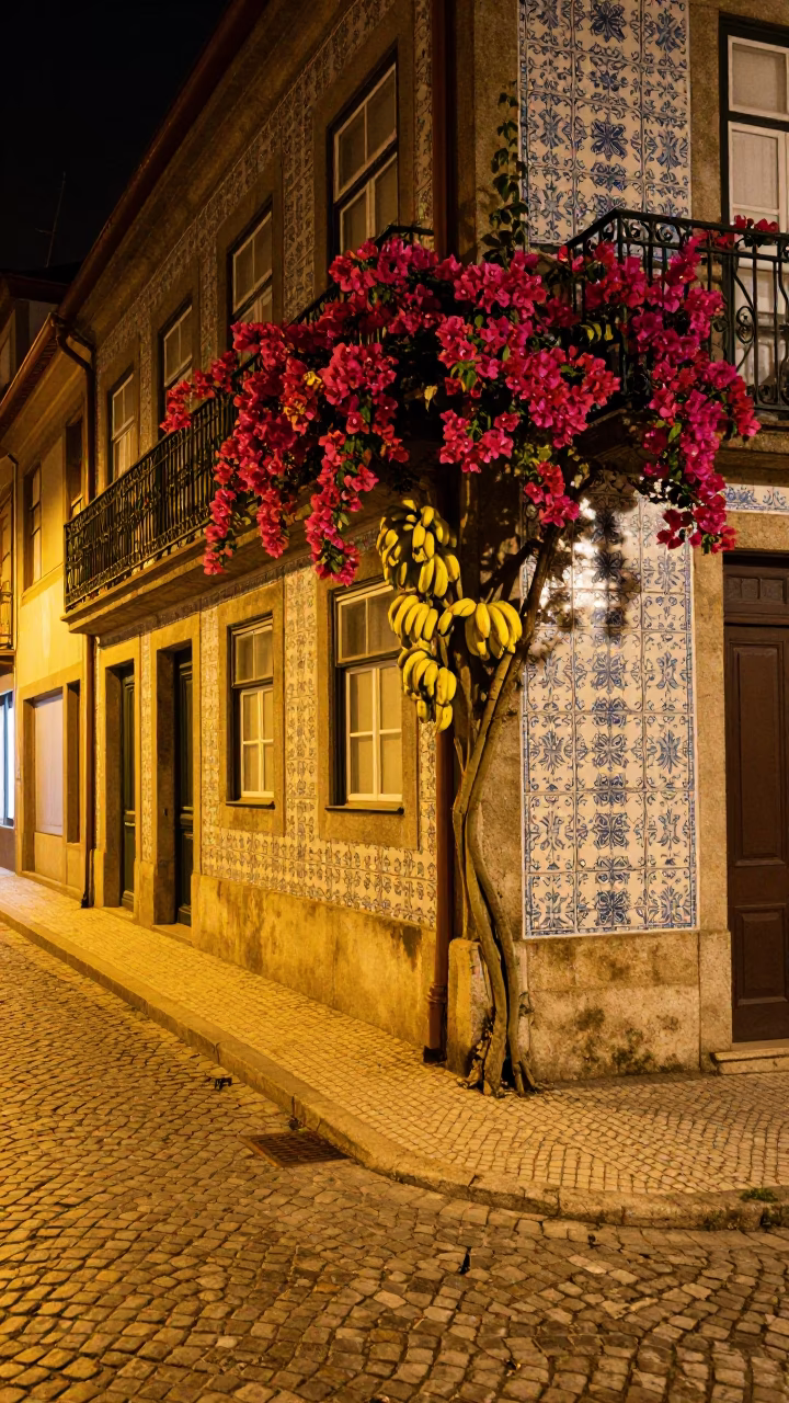 Late Night Street Scene in Porto Portugal with Bananas and Bougainvillea in in Porto, Portugal