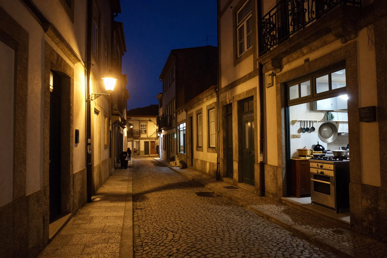 Late Night Street Scene in Porto Portugal with Candlestick and Kitchen Utensil in in Porto, Portugal