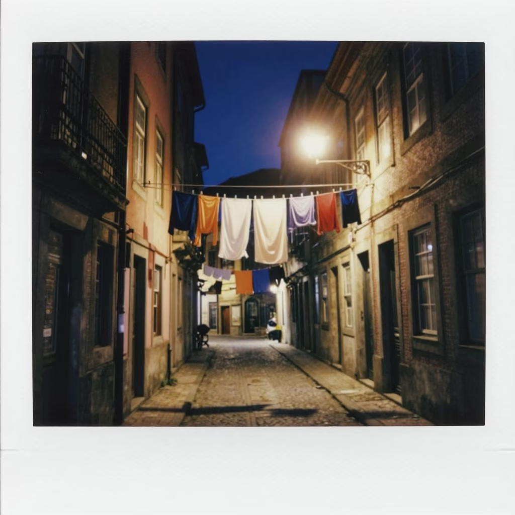 Late Night Street Scene in Porto Portugal with Hanging Laundry and Urban Architecture in in Porto, Portugal