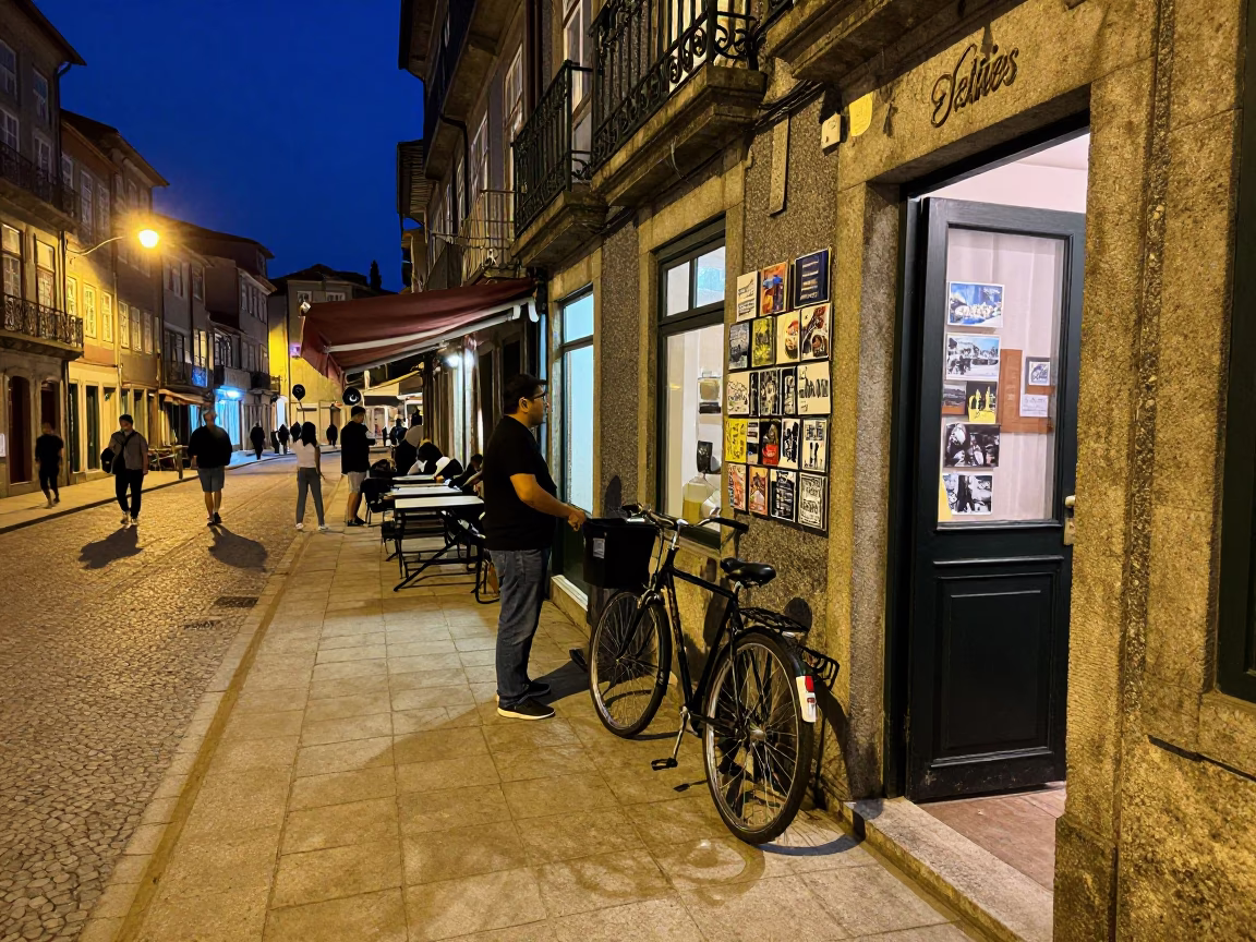 Late Night Street Scene in Porto Portugal with Postcards and Bicycle Basket in in Porto, Portugal