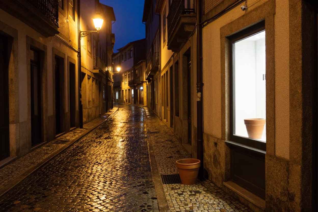 Late Night Street Scene in Porto Portugal with Terracotta Pot and Twine in in Porto, Portugal