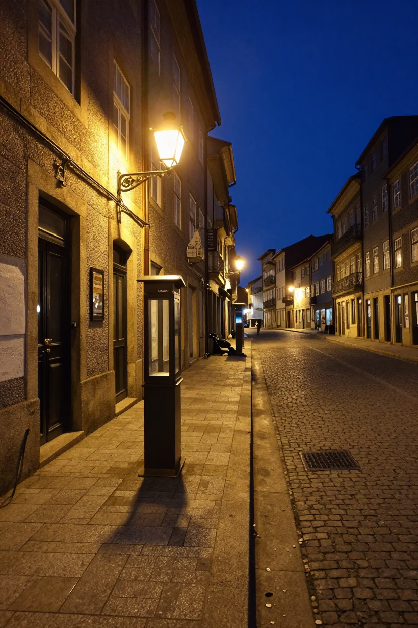 Late Night Street Scene in Porto Portugal with Valet Stand and Hotel Awning Reflections in in Porto, Portugal