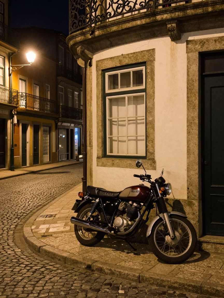 Late Night Street Scene in Porto Portugal with Vintage Motorcycle and Urban Details in in Porto, Portugal