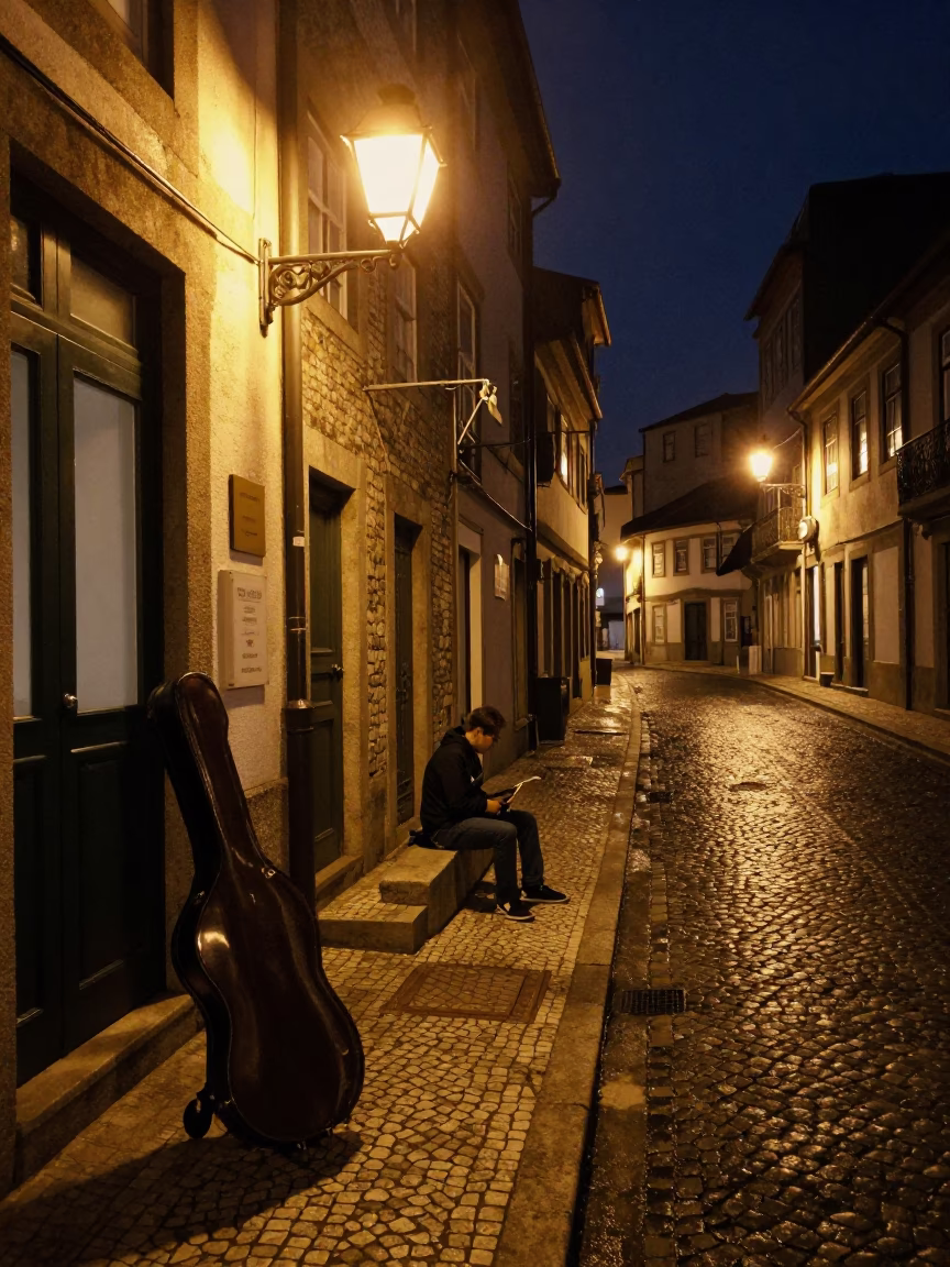 Late Night Street Scene in Porto Portugal with Vintage Violin Case and Cobblestone Alley in in Porto, Portugal