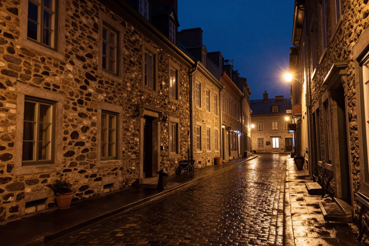 Late Night Street Scene in Quebec City Historic District with Stone Architecture in in Quebec City, Quebec, Canada