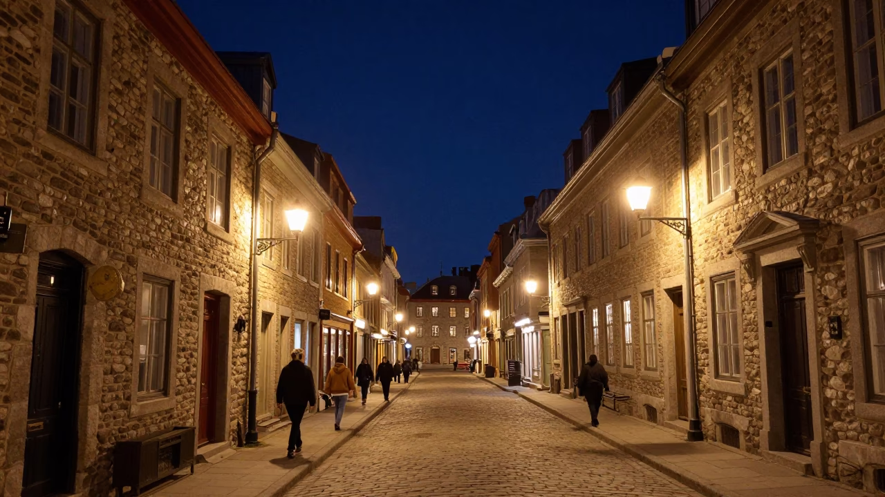 Late Night Street Scene in Quebec City Under Deep Night Sky in in Quebec City, Quebec, Canada
