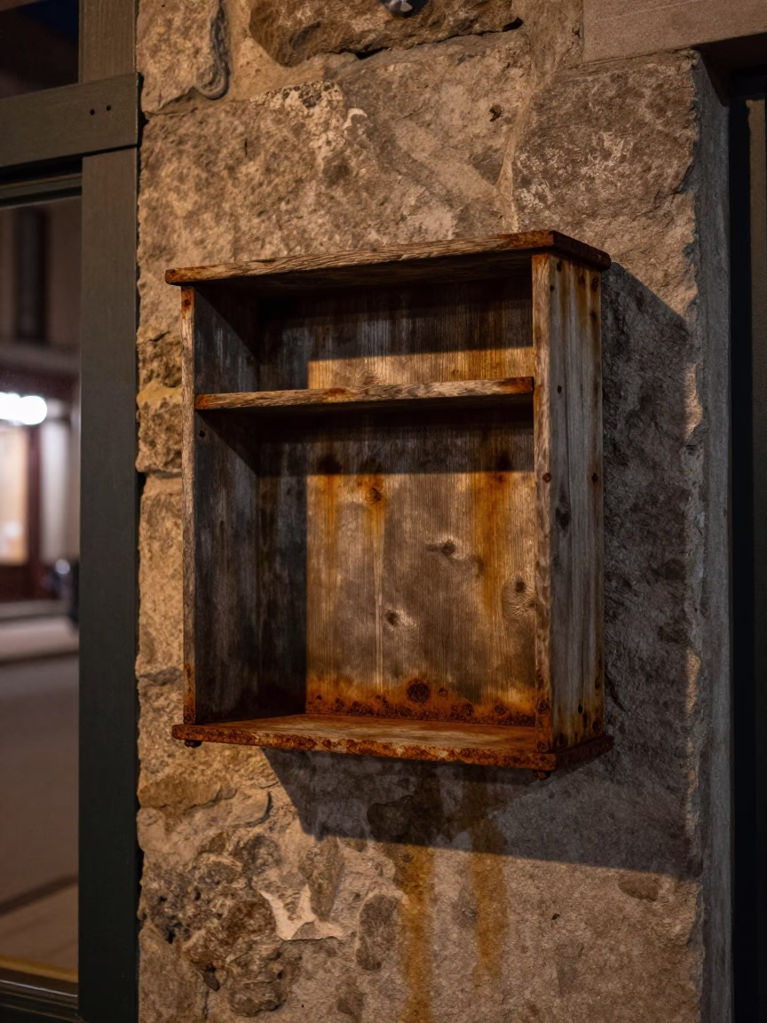 Late Night Street Scene in Quebec City with Rusty Shelf and Blue Porcelain Bowl in in Quebec City, Quebec, Canada