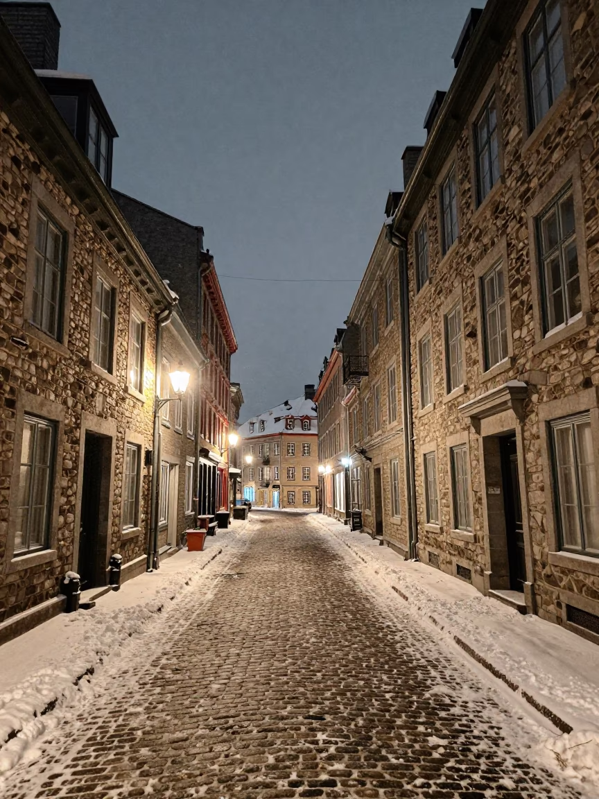 Late Night Street Scene in Quebec City with Snow and Historic Architecture in in Quebec City, Quebec, Canada