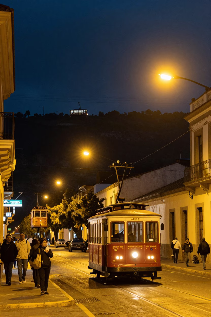 Late Night Street Scene in Quito Ecuador with Cable Car and Construction in in Quito, Ecuador
