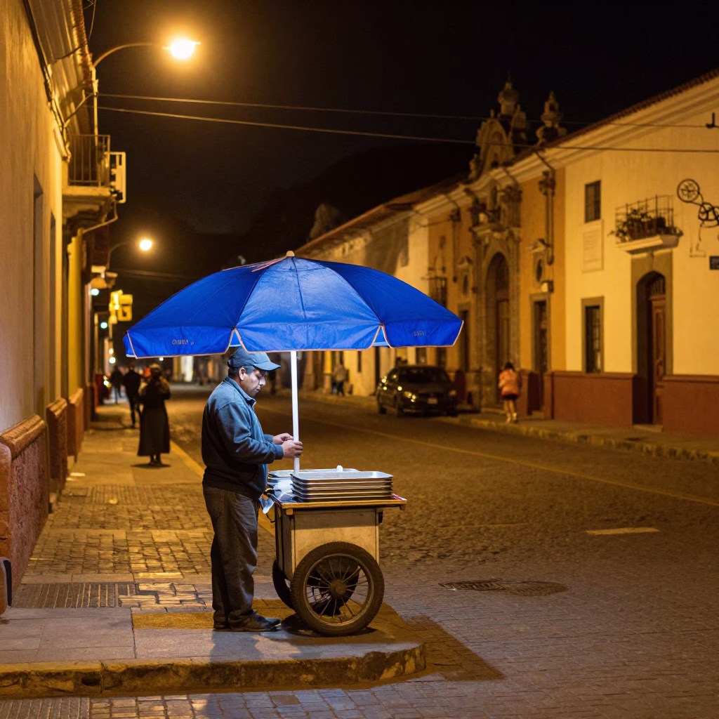 Late Night Street Scene in Quito Ecuador With Street Vendor And Colorful Umbrellas in in Quito, Ecuador