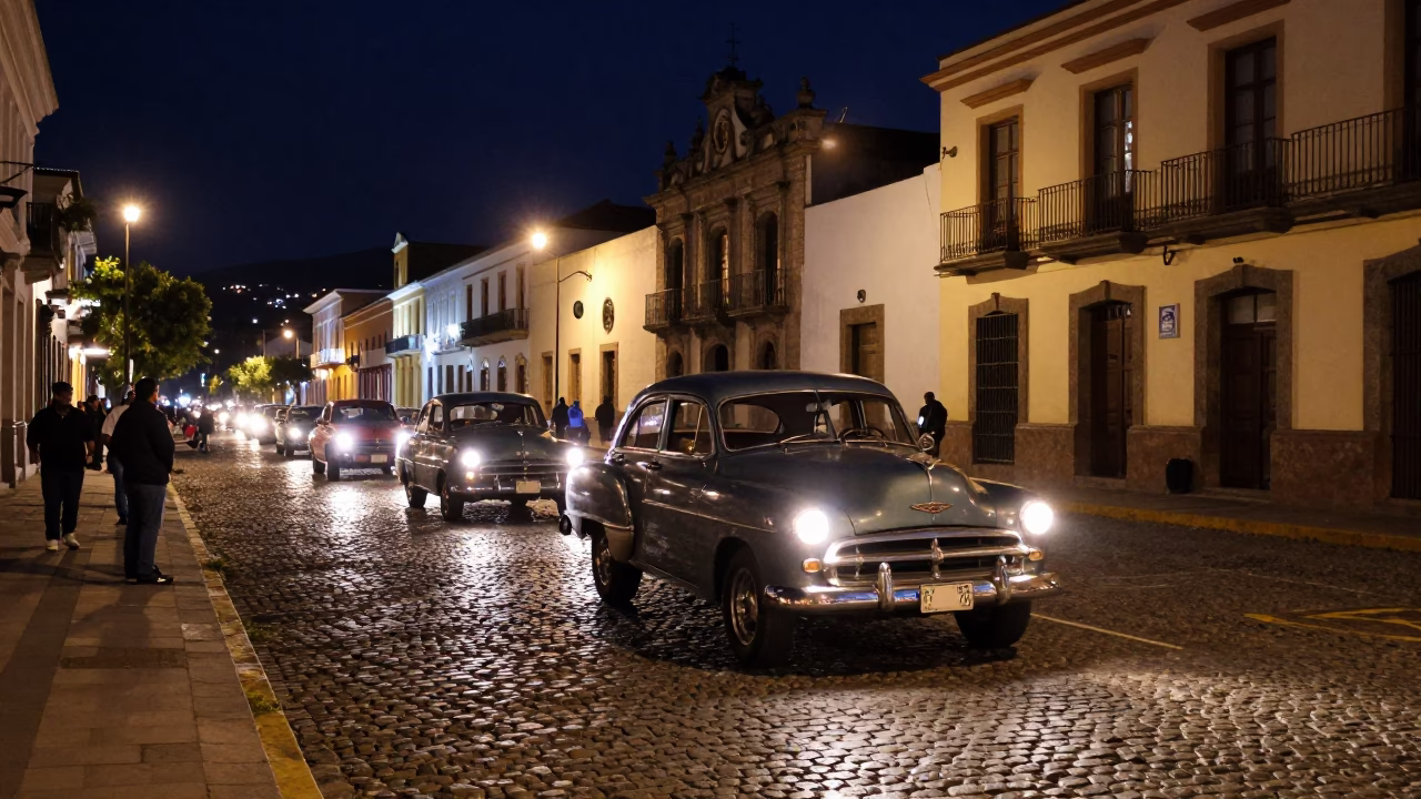 Late Night Street Scene in Quito Ecuador With Vintage Car Rally and Leather Basketball in in Quito, Ecuador