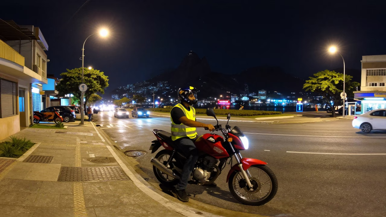Late Night Street Scene in Rio de Janeiro Brazil with Motorcycle and Neon Lights in in Rio de Janeiro, Brazil