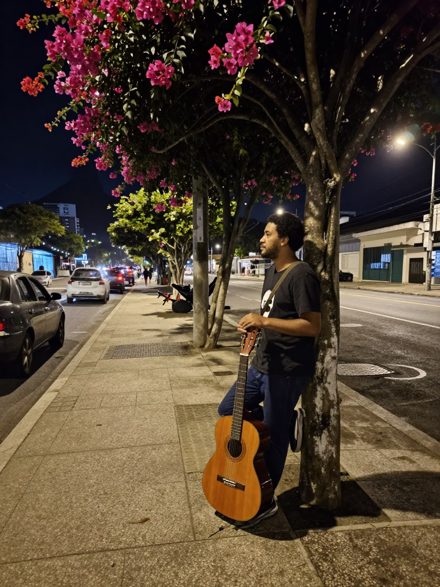 Late Night Street Scene in Rio de Janeiro with Bougainvillea and Guitar in in Rio de Janeiro, Brazil