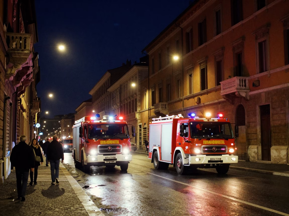 Late Night Street Scene in Rome Italy with Fire Engine and Urban Activity in in Rome, Italy