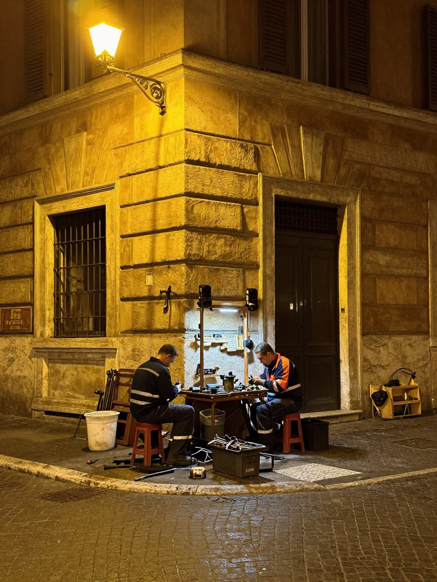Late Night Street Scene in Rome Italy with Mechanics and Tools in in Rome, Italy