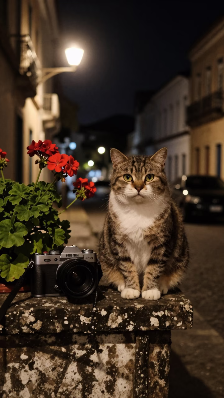 Late Night Street Scene in Salvador Brazil with Cat and Geraniums in in Salvador, Brazil