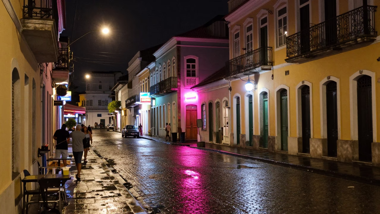 Late Night Street Scene in Salvador Brazil with Colorful Neon and Urban Details in in Salvador, Brazil