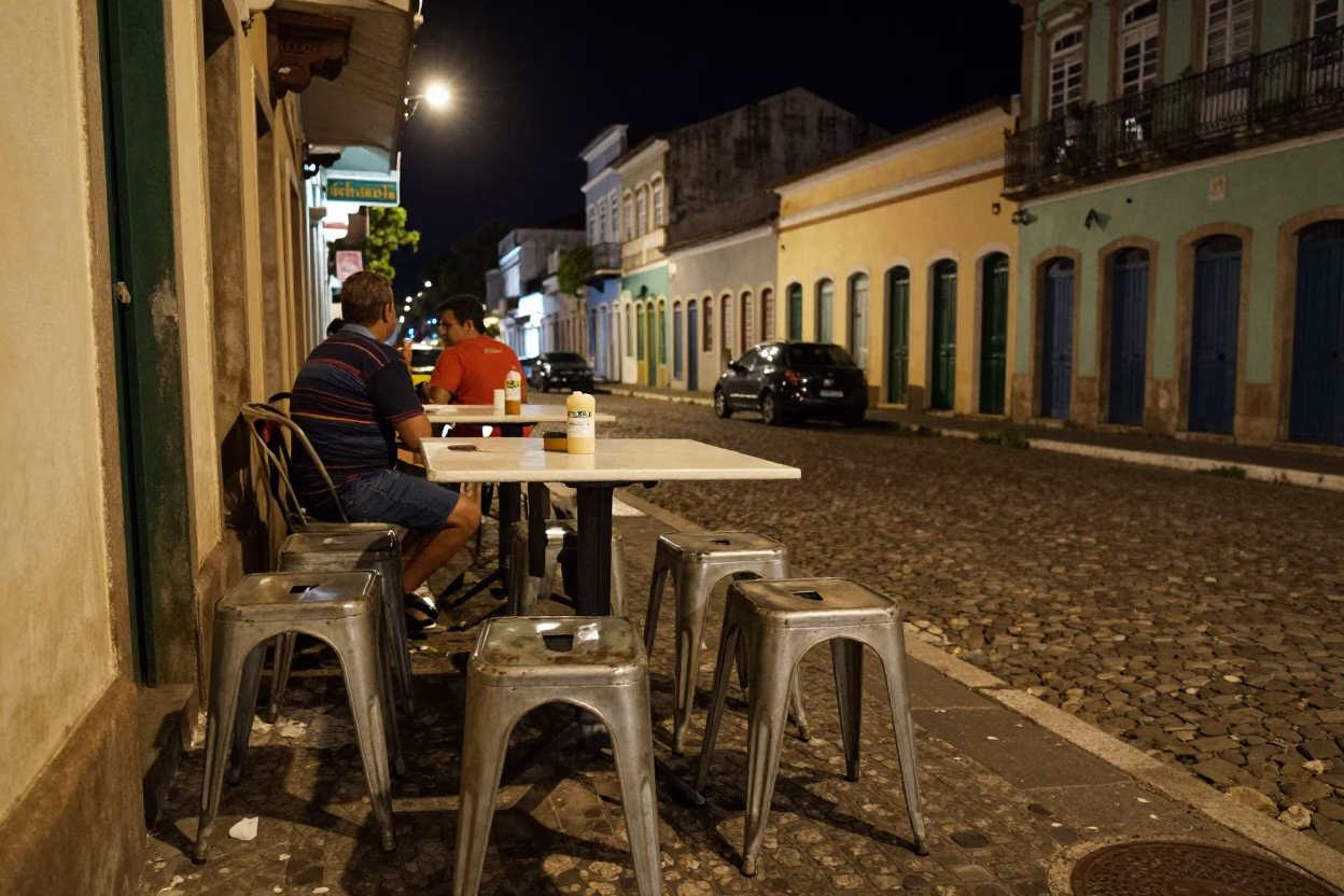 Late Night Street Scene in Salvador Brazil with Metal Stools and Carafe in in Salvador, Brazil