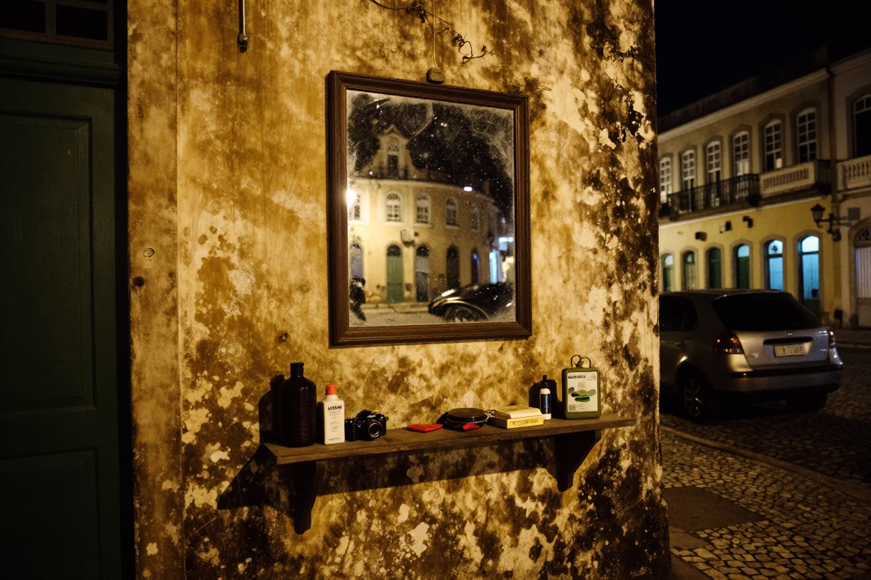 Late Night Street Scene in Salvador Brazil With Smudged Mirror and Shelf Reflections in in Salvador, Brazil