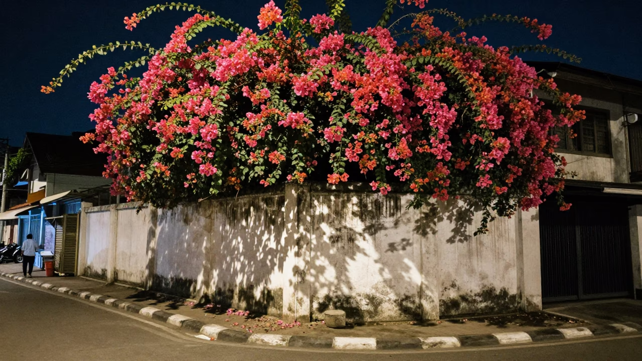 Late Night Street Scene in Surabaya Indonesia with Bougainvillea and Local Commerce in in Surabaya, Indonesia