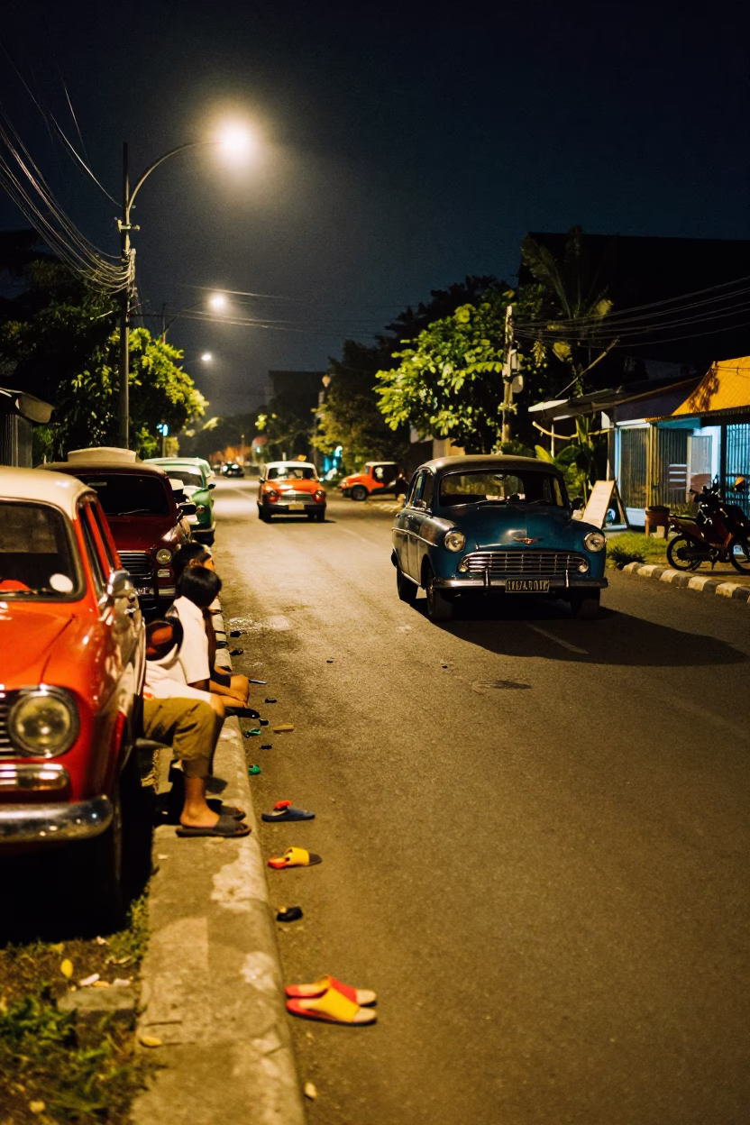 Late Night Street Scene in Surabaya Indonesia with Slippers and Vintage Car Rally in in Surabaya, Indonesia