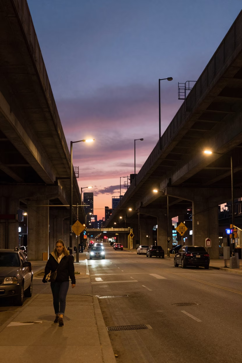 Late Night Street Scene in Toronto Ontario Canada with Highway Flyover and Window Light in in Toronto, Ontario, Canada
