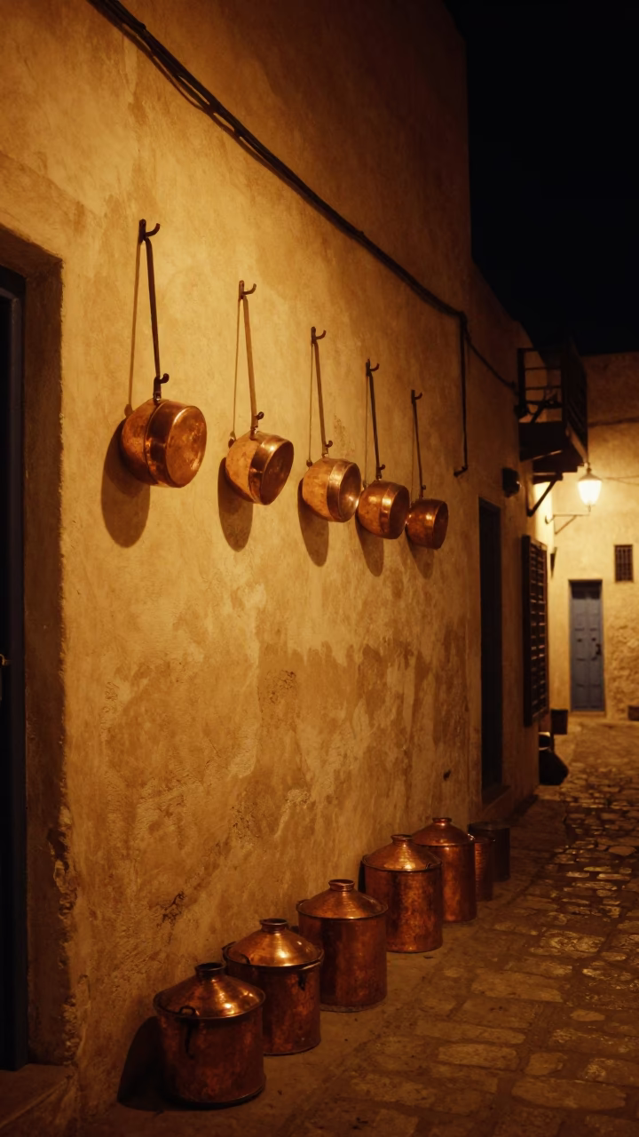 Late Night Street Scene in Tunis Tunisia with Copper Pots and Pigeons in in Tunis, Tunisia