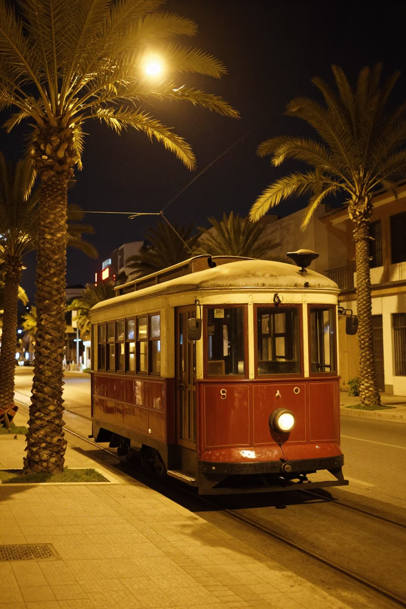 Late Night Street Scene in Tunis Tunisia with Date Palm and Vintage Trolley in in Tunis, Tunisia