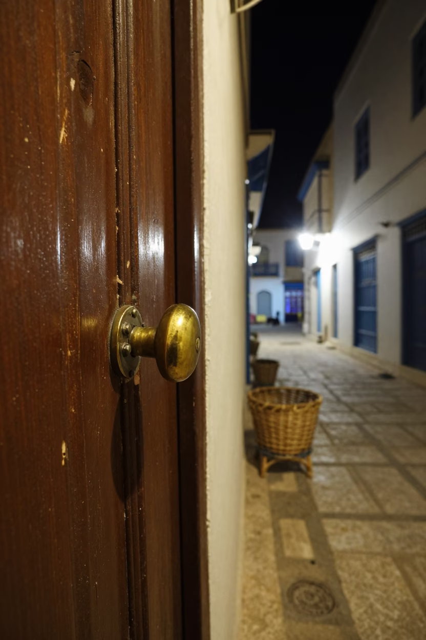 Late Night Street Scene in Tunis Tunisia with Doorknob and Wicker Shadow in in Tunis, Tunisia
