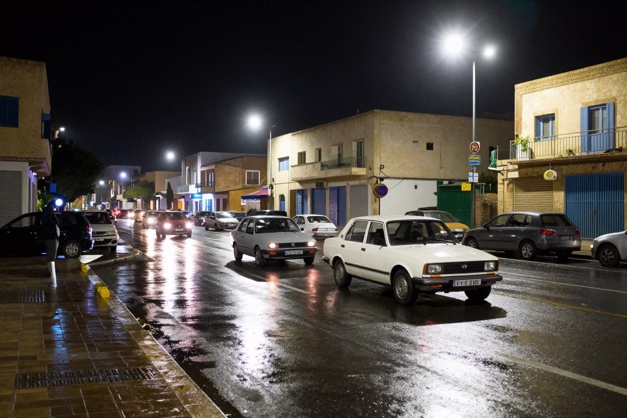 Late Night Street Scene in Tunis Tunisia with Stalled Vehicles and Urban Lighting in in Tunis, Tunisia
