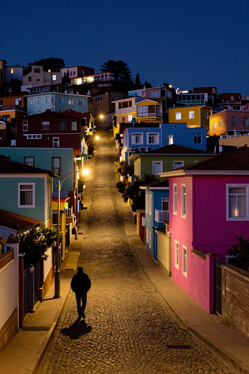 Late Night Street Scene in Valparaiso Chile Colorful Hillside Houses and Neon Lights in in Valparaiso, Chile