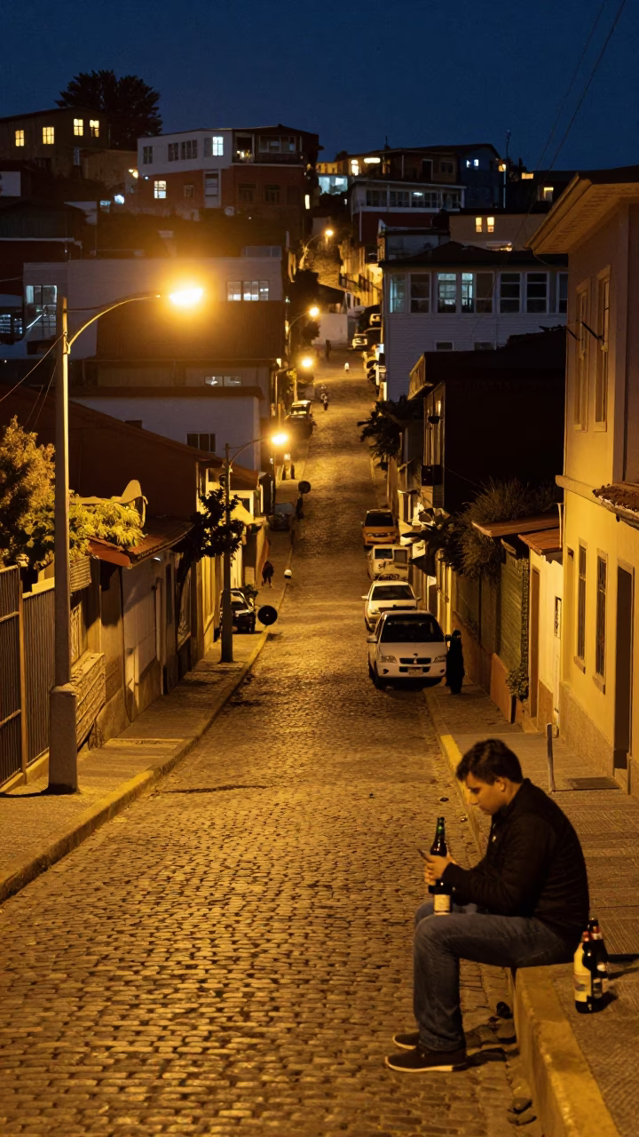 Late Night Street Scene in Valparaiso Chile with Bottle and Urban Elements in in Valparaiso, Chile