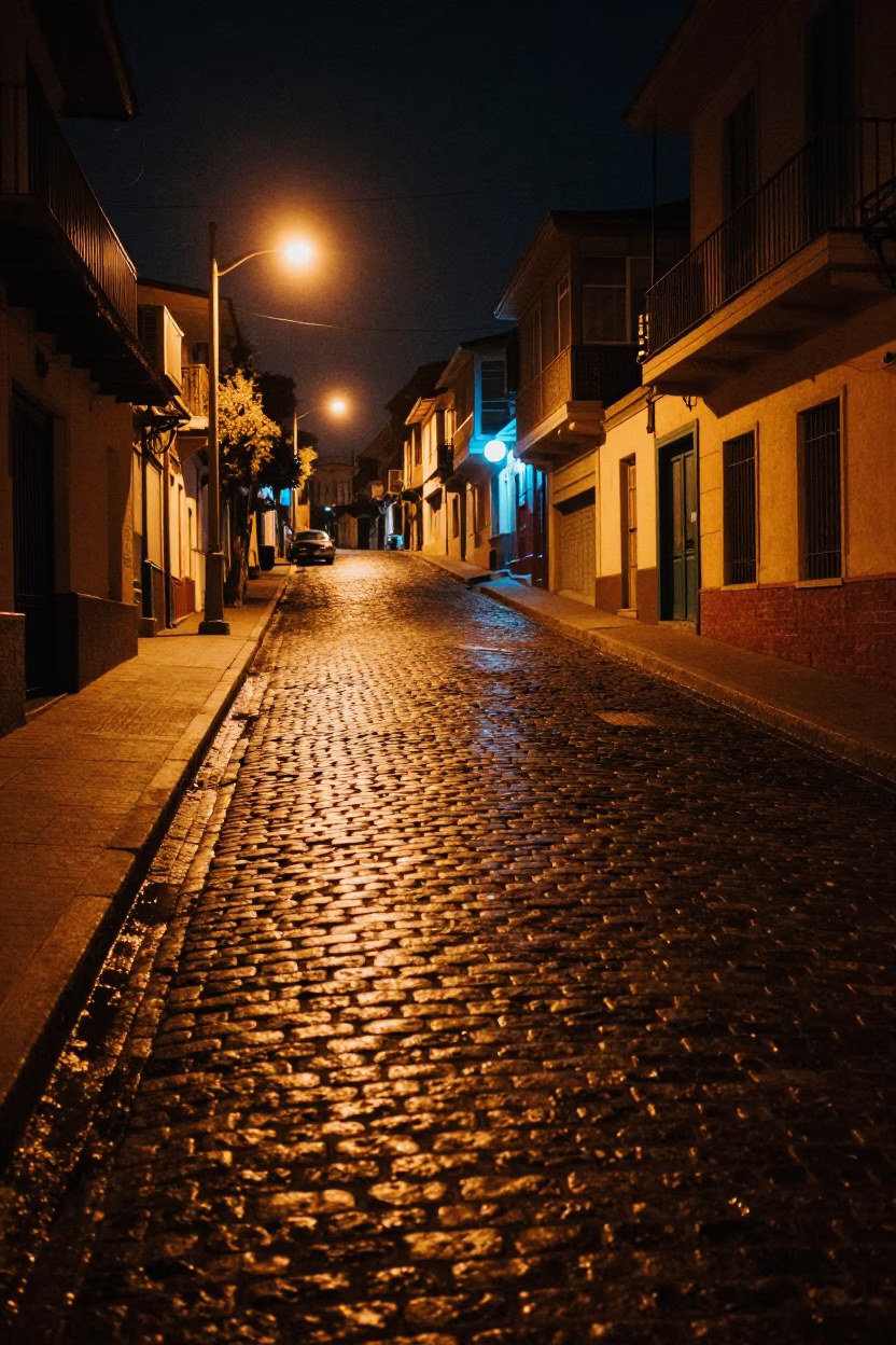 Late Night Street Scene in Valparaiso Chile with Cobblestone and Neon in in Valparaiso, Chile