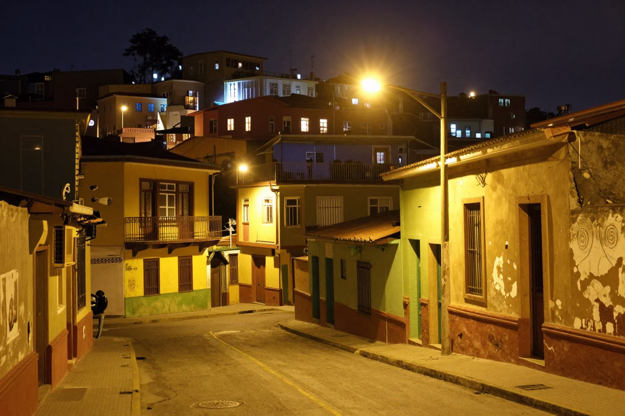 Late Night Street Scene in Valparaiso Chile with Colorful Facades and Wool Scarves in in Valparaiso, Chile