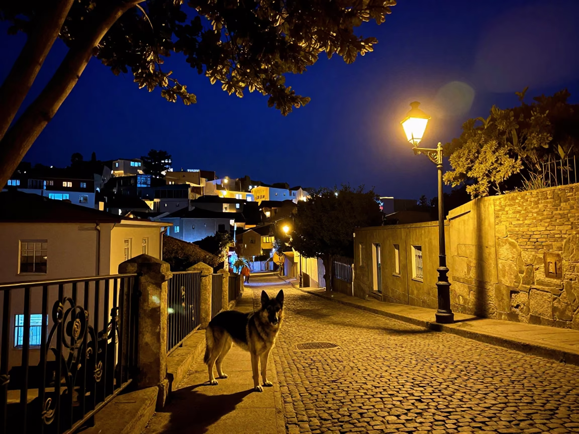 Late Night Street Scene in Valparaiso Chile with Leaf Shadows and Night Sky in in Valparaiso, Chile