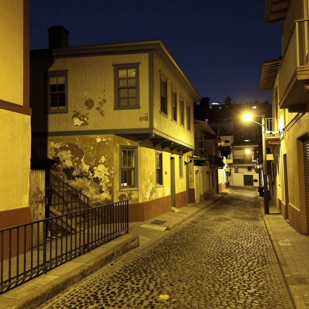 Late Night Street Scene in Valparaiso Chile with Stair Rail and Lamp Shadows in in Valparaiso, Chile