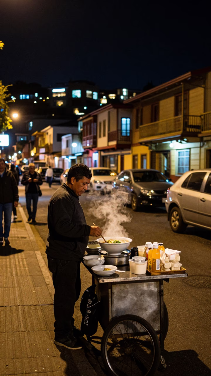 Late Night Street Scene in Valparaiso Chile with Steaming Pho and Urban Details in in Valparaiso, Chile