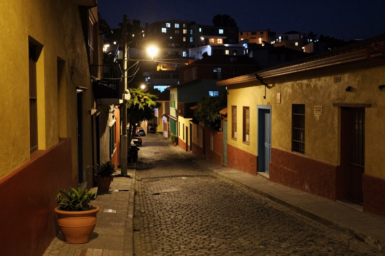 Late Night Street Scene in Valparaiso Chile with Terracotta Pot and Bell in in Valparaiso, Chile