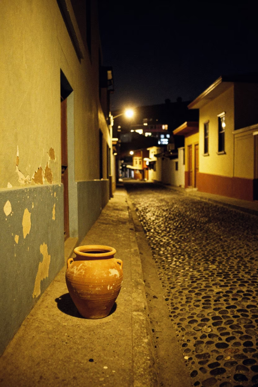 Late Night Street Scene in Valparaiso Chile With Terracotta Pot And Scrap Basket in in Valparaiso, Chile