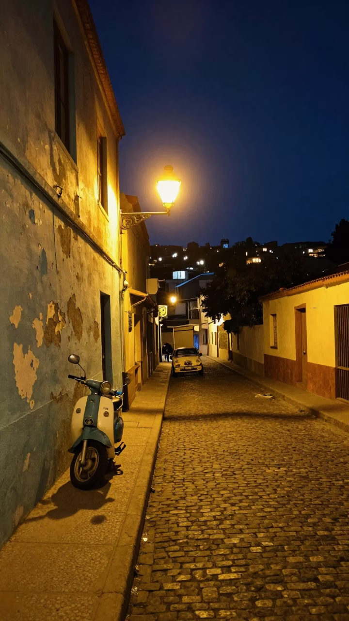 Late Night Street Scene in Valparaiso Chile with Vintage 1970s Aesthetic in in Valparaiso, Chile