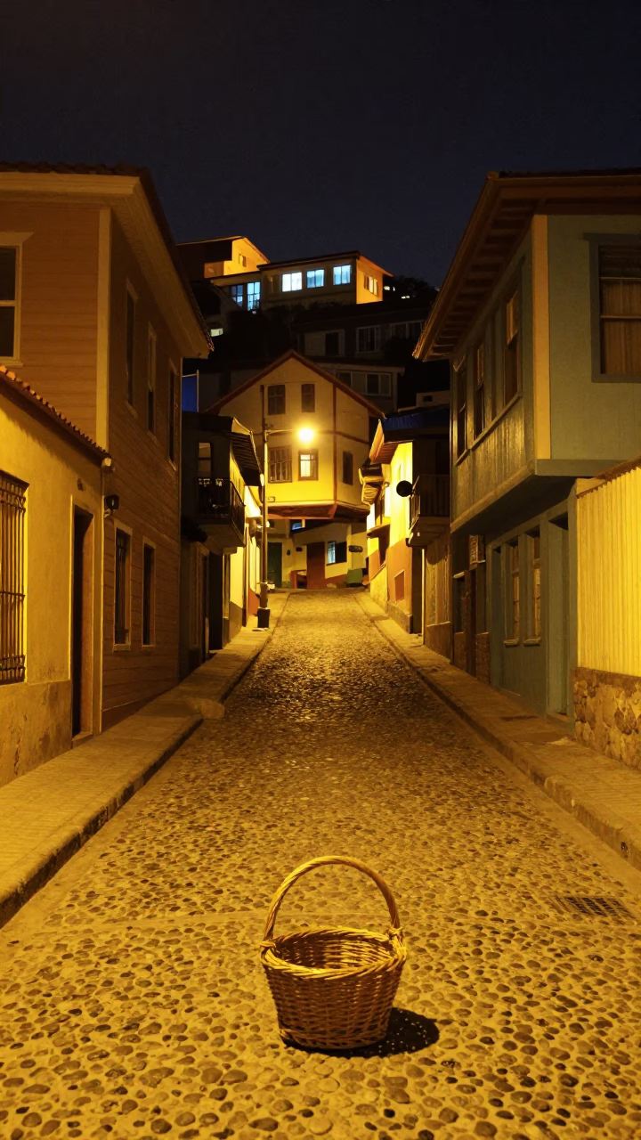 Late Night Street Scene in Valparaiso Chile with Wicker Basket and Stone Wall in in Valparaiso, Chile