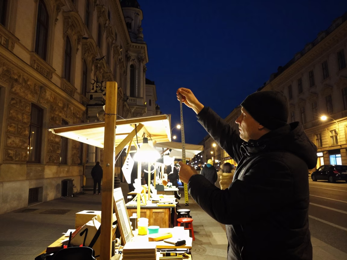 Late Night Street Scene in Vienna Austria with Measuring Tape and Spice Jar in in Vienna, Austria