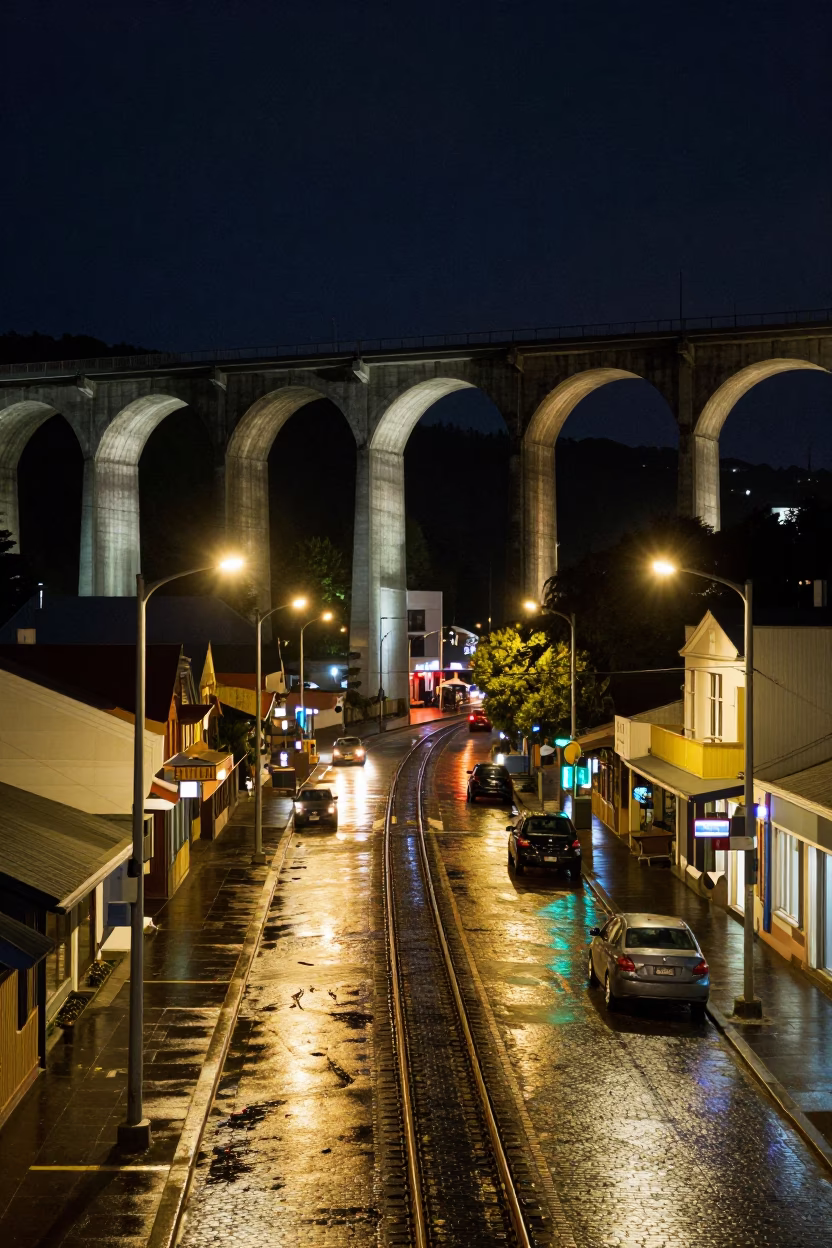 Late Night Street Scene in Wellington New Zealand Under Illuminated Railway Viaduct in in Wellington, New Zealand