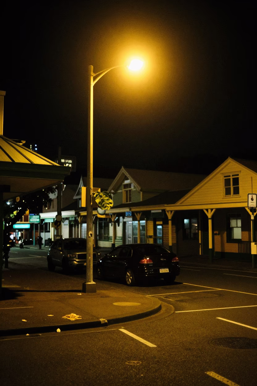 Late Night Street Scene in Wellington New Zealand with Mug and Leaf Shadows in in Wellington, New Zealand