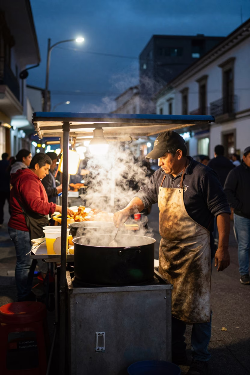 Late Night Street Vendor Cooking in Quito Under Mixed City Lights in in Quito, Ecuador