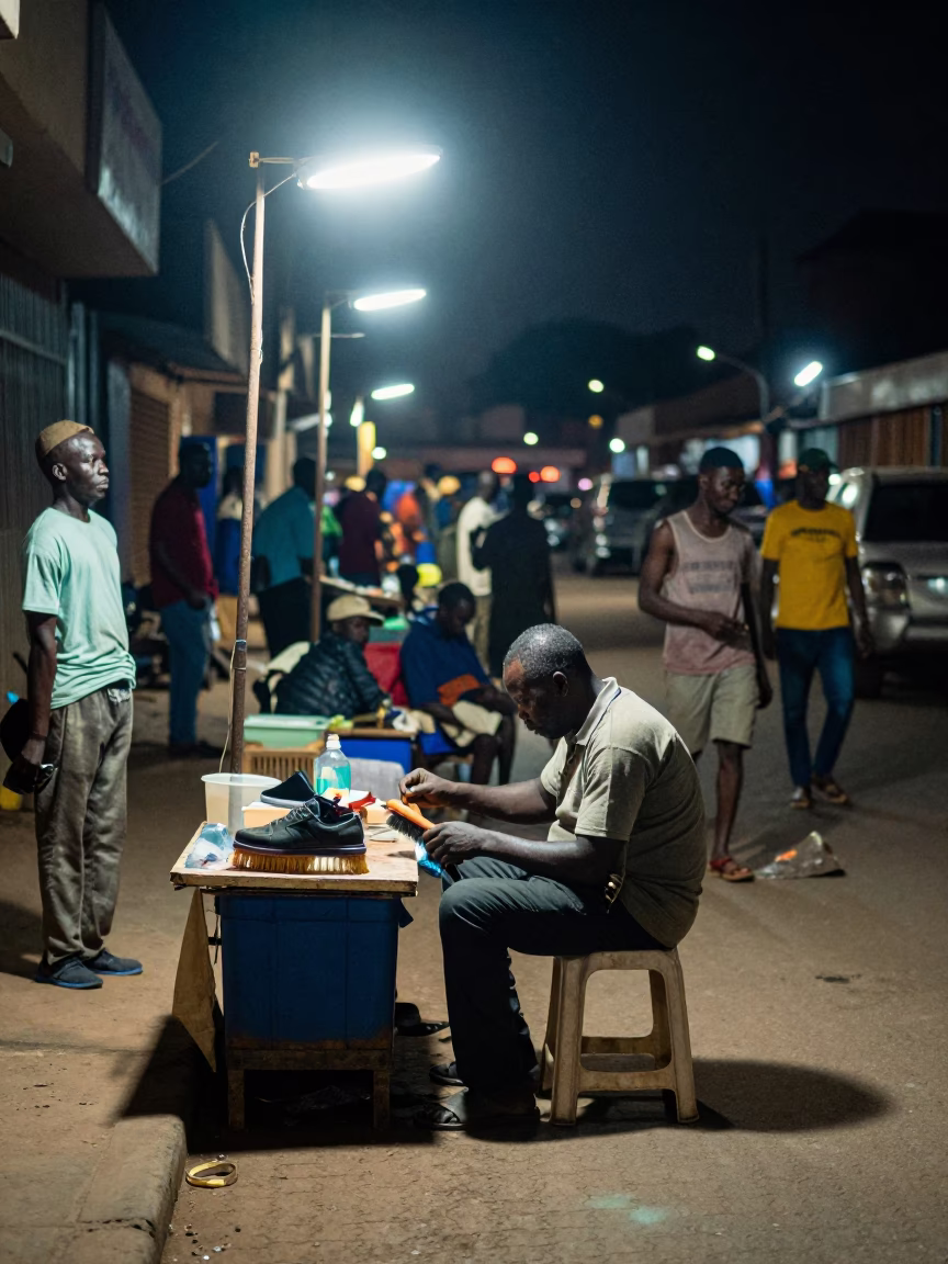 Late Night Street Vendor in Accra Ghana with Shoe Brush and Lockbox in in Accra, Ghana